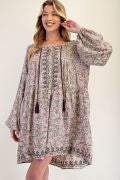 EMBROIDERED PRINT RAYON CHALLIS WOVEN DRESS