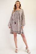 EMBROIDERED PRINT RAYON CHALLIS WOVEN DRESS