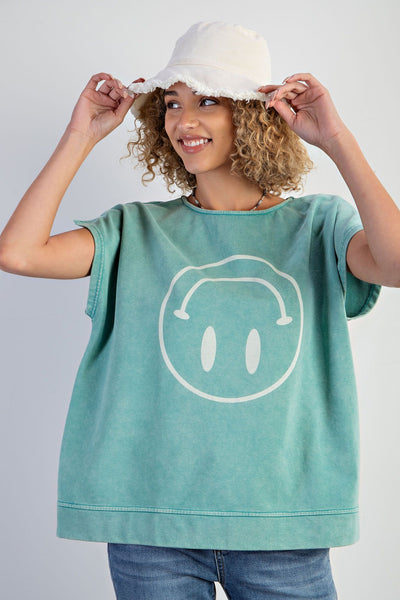 UPSIDE DOWN SMILEY WASHED COTTON JERSEY TOP