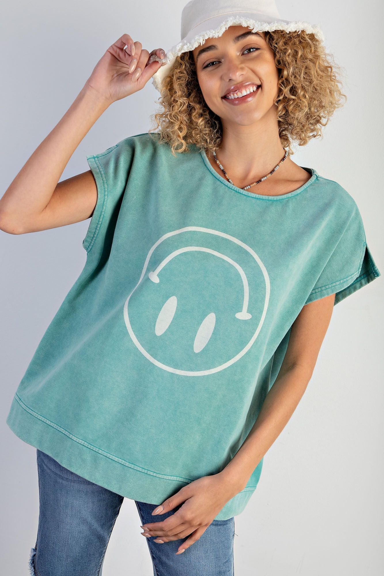 UPSIDE DOWN SMILEY WASHED COTTON JERSEY TOP