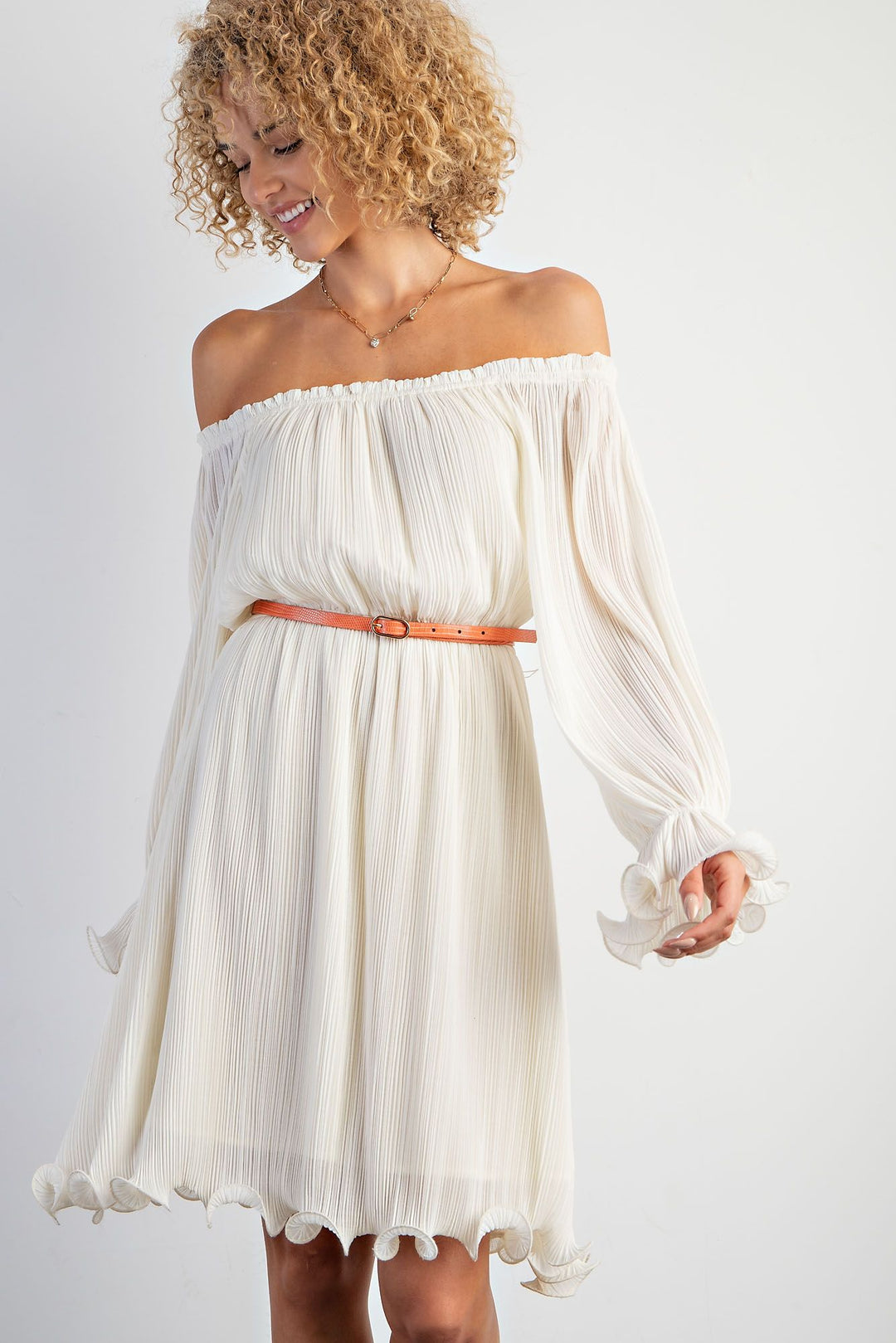 PLEATED CHIFFON SMOCKED COFF WOVEN DRESS