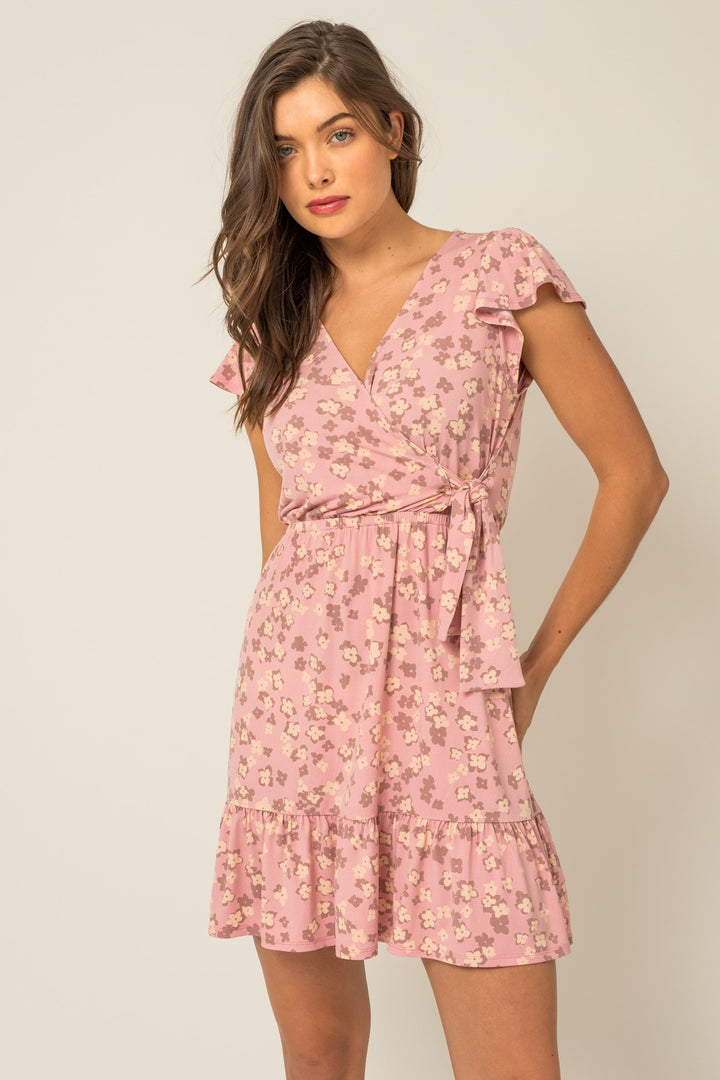 SHORT SLEEVE WRAP SHIRRING FLORAL MINI DRESS