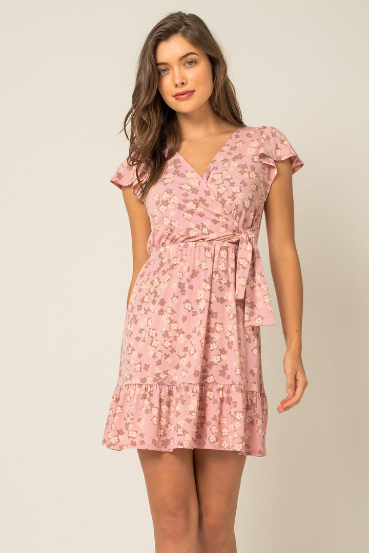 SHORT SLEEVE WRAP SHIRRING FLORAL MINI DRESS