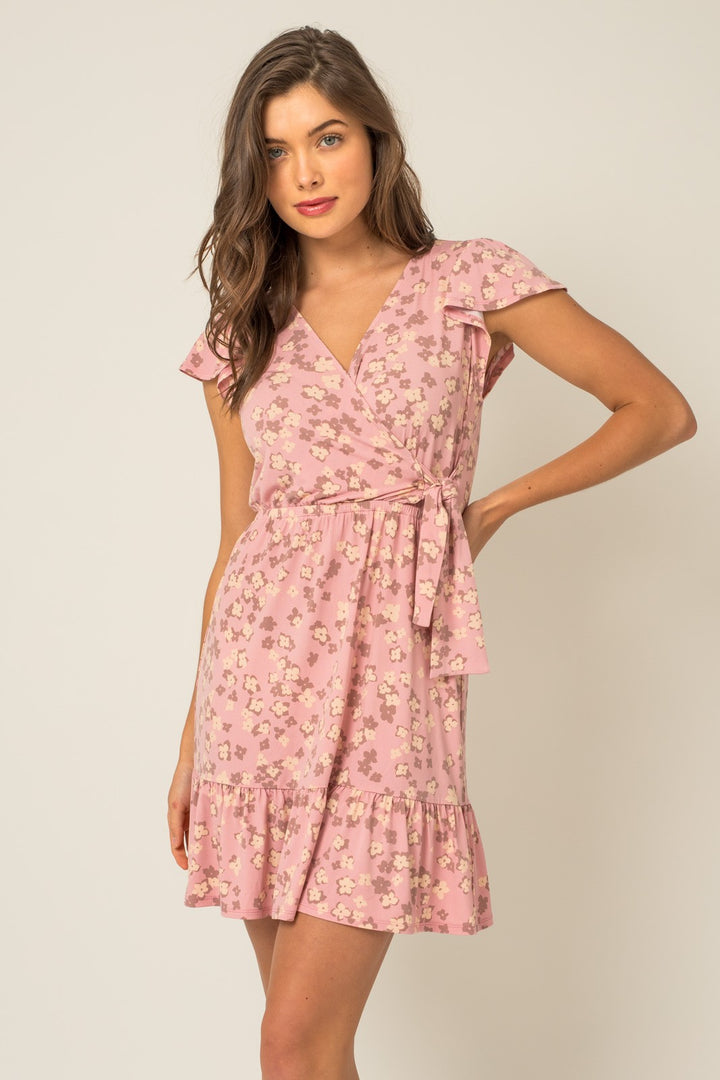 SHORT SLEEVE WRAP SHIRRING FLORAL MINI DRESS