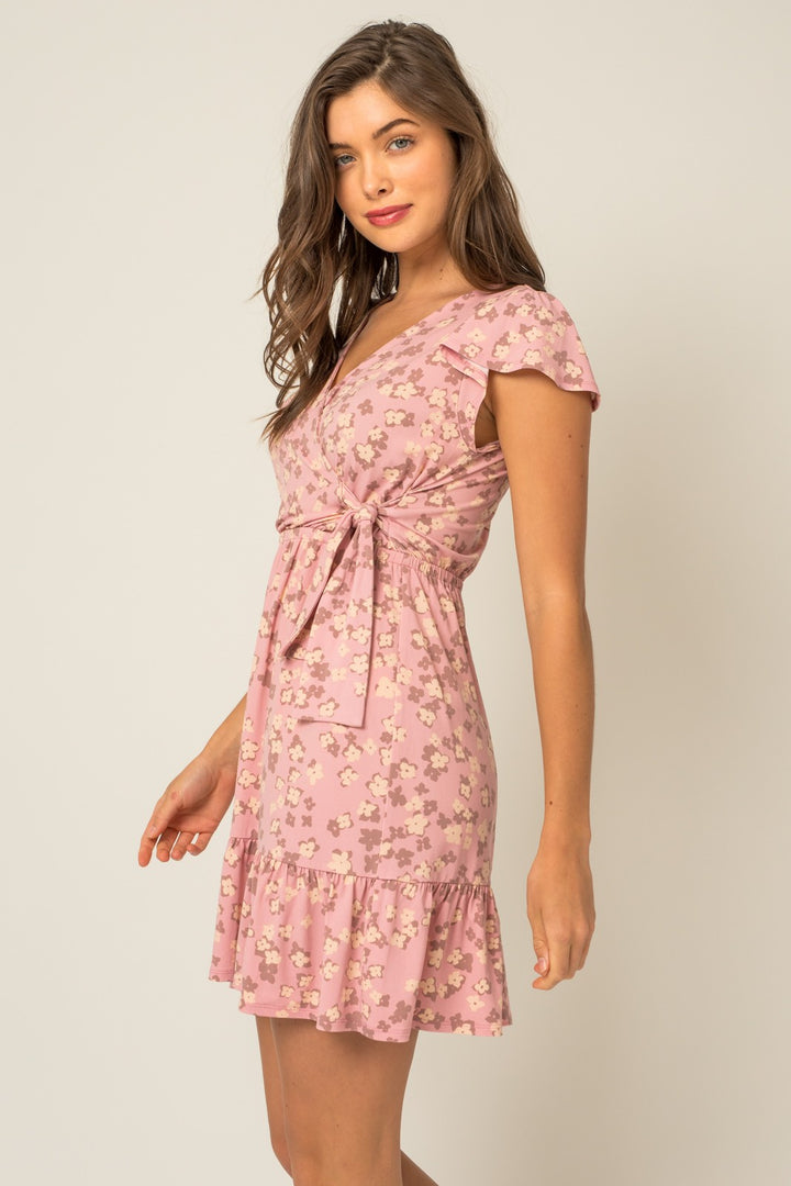 SHORT SLEEVE WRAP SHIRRING FLORAL MINI DRESS