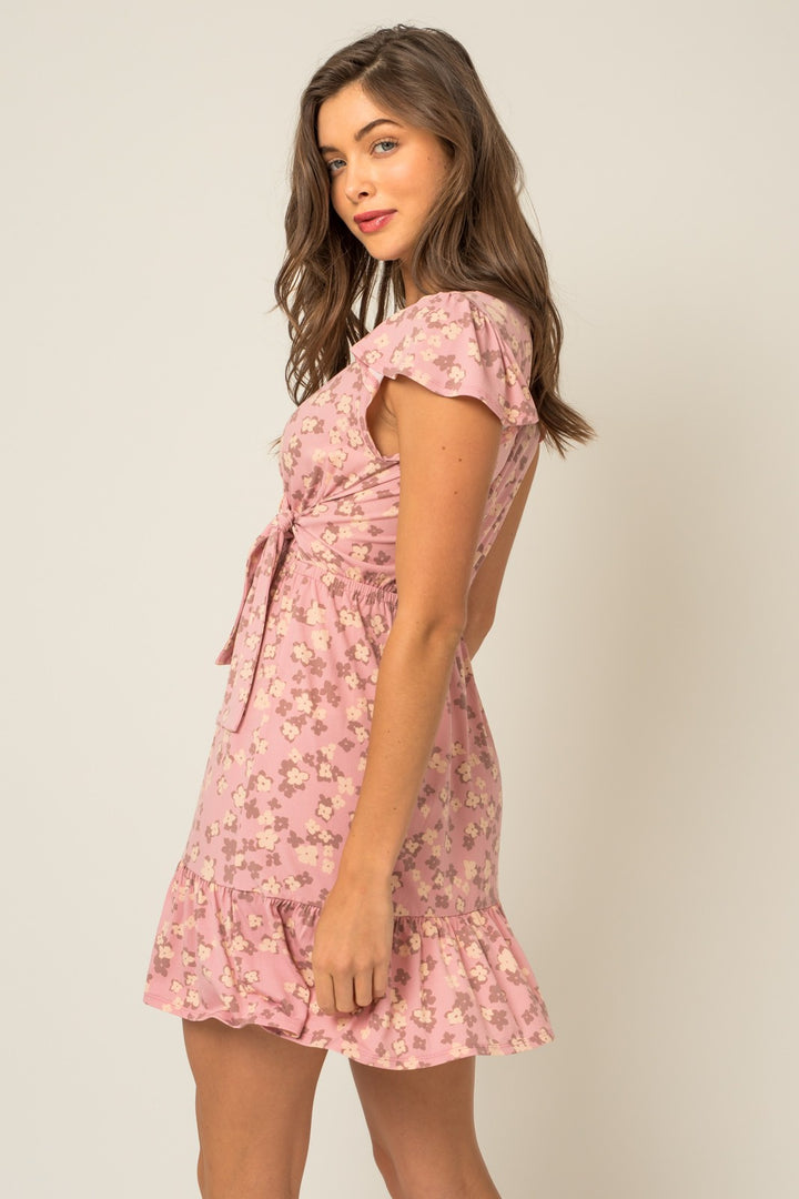 SHORT SLEEVE WRAP SHIRRING FLORAL MINI DRESS