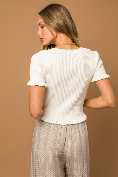 SHORT SLEEVE RUFFLE DETAILED KNIT TOP