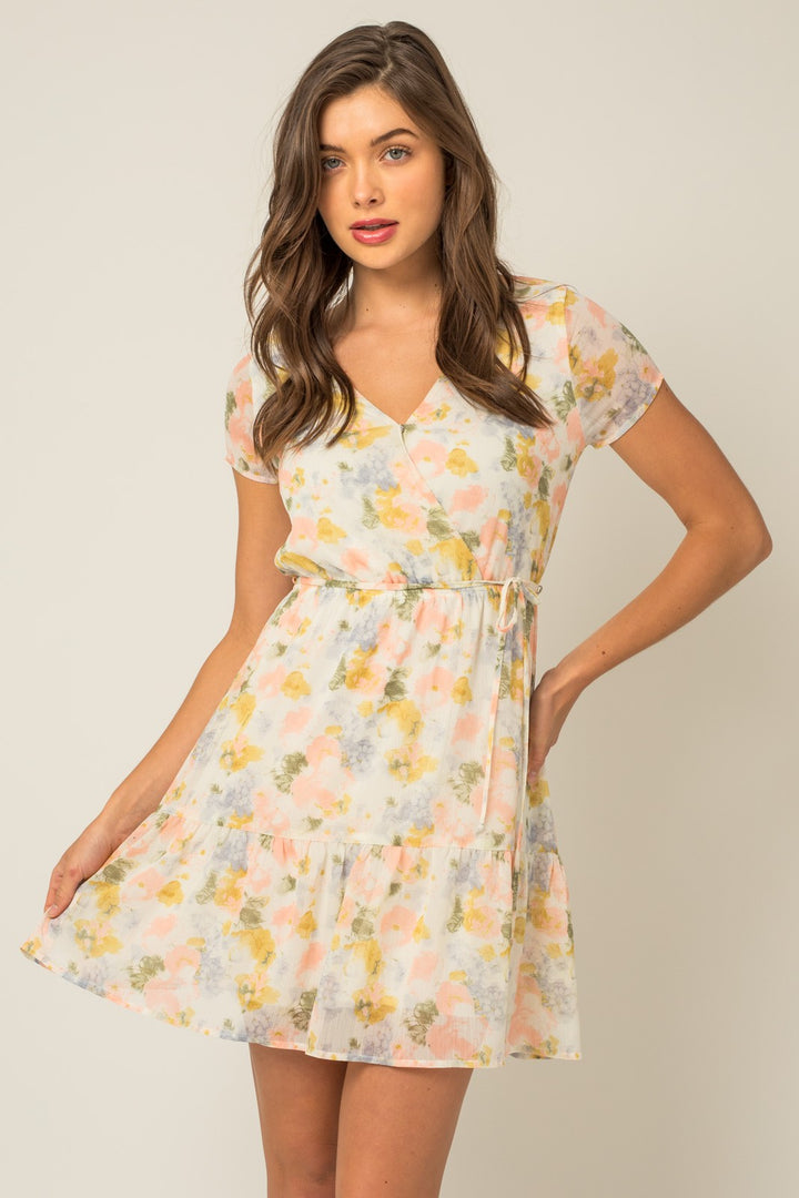 SHORT SLEEVE FAUX WRAP FLORAL PRINT DRESS