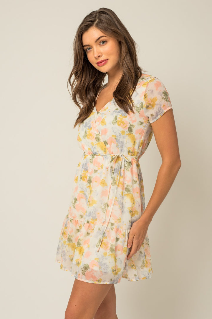 SHORT SLEEVE FAUX WRAP FLORAL PRINT DRESS