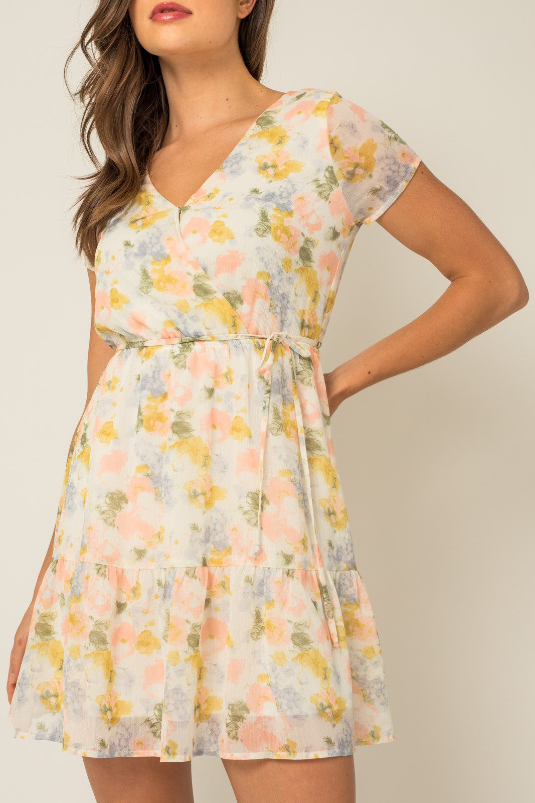 SHORT SLEEVE FAUX WRAP FLORAL PRINT DRESS