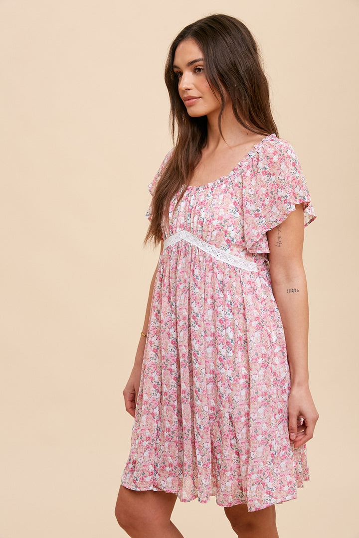 FLUTTER SLEEVE FLORAL MINI DRESS