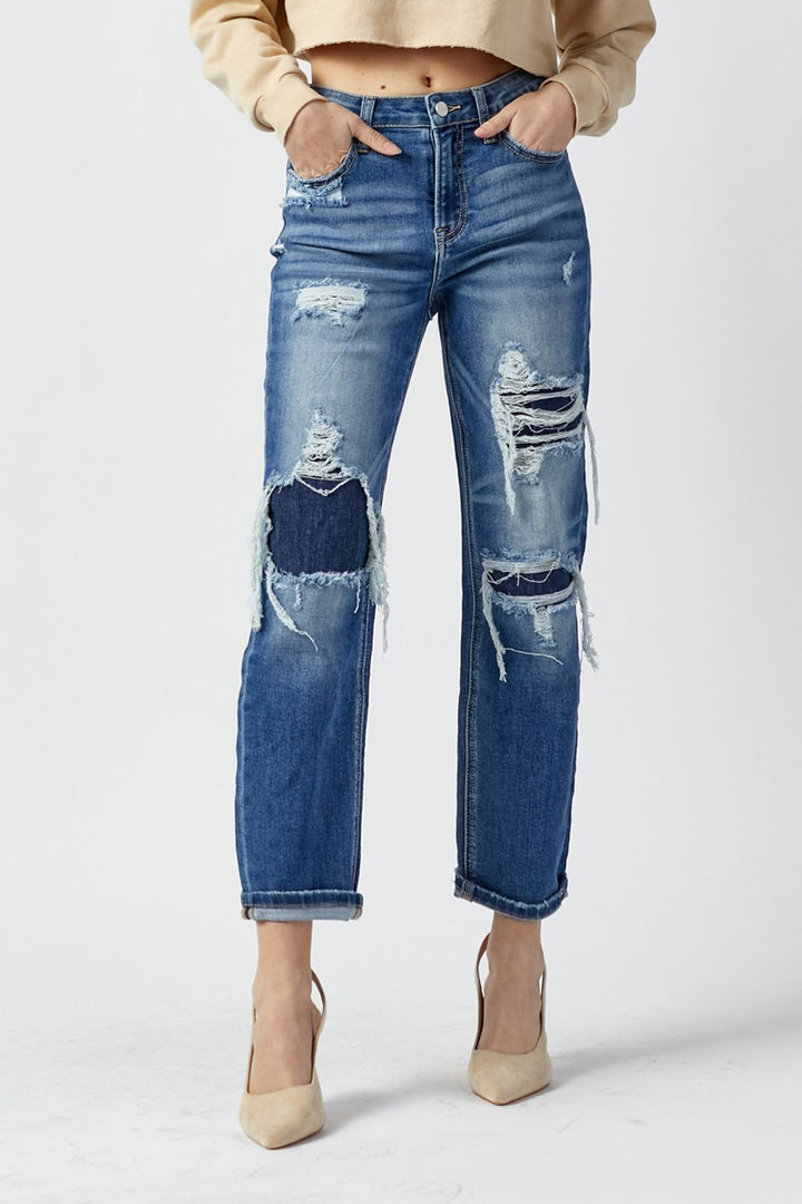 DARK WASH HIGH RISE PATCHED STRAIGHT JEANS