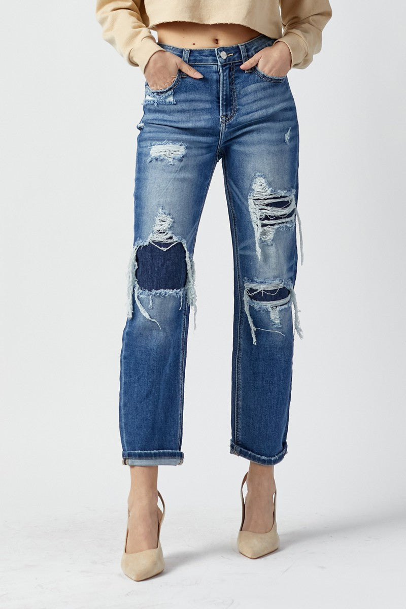 DARK WASH HIGH RISE PATCHED STRAIGHT JEANS
