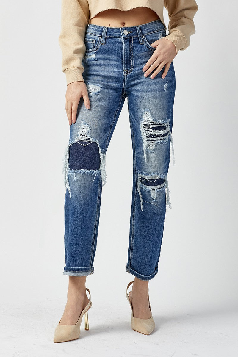 DARK WASH HIGH RISE PATCHED STRAIGHT JEANS