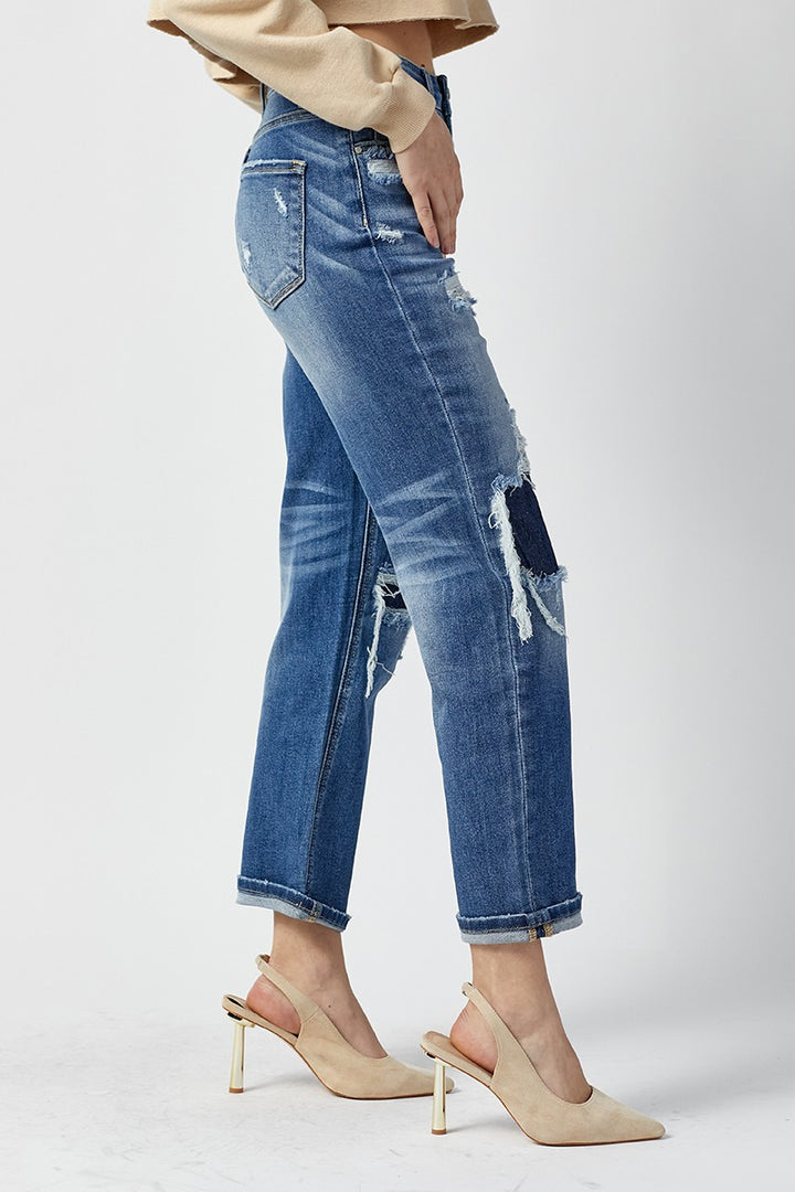 DARK WASH HIGH RISE PATCHED STRAIGHT JEANS