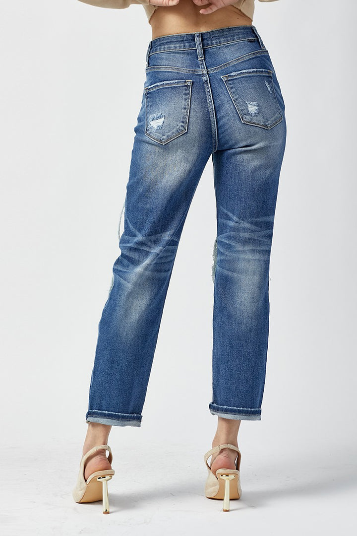 DARK WASH HIGH RISE PATCHED STRAIGHT JEANS