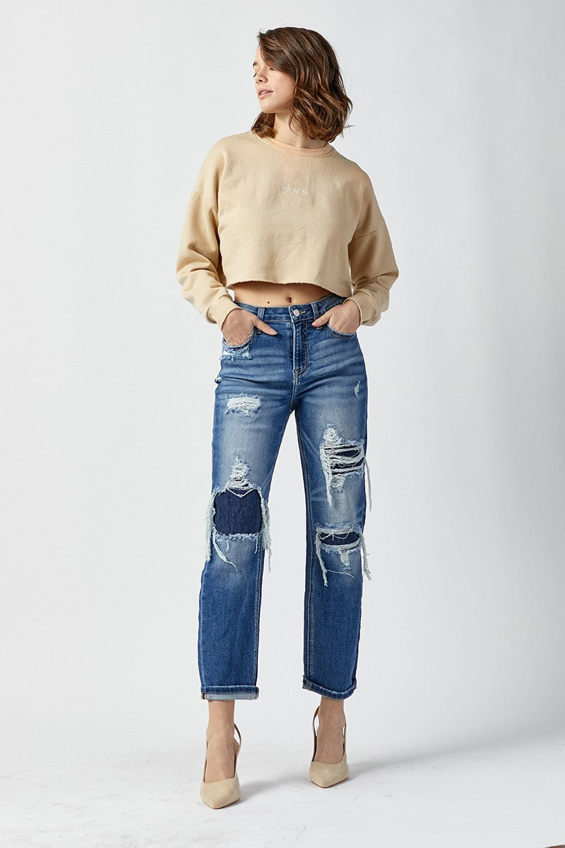 DARK WASH HIGH RISE PATCHED STRAIGHT JEANS