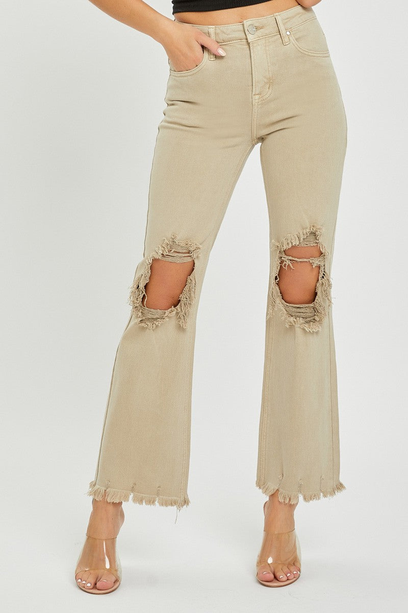 HIGH RISE KNEE DISTRESSED STRAIGHT PANTS