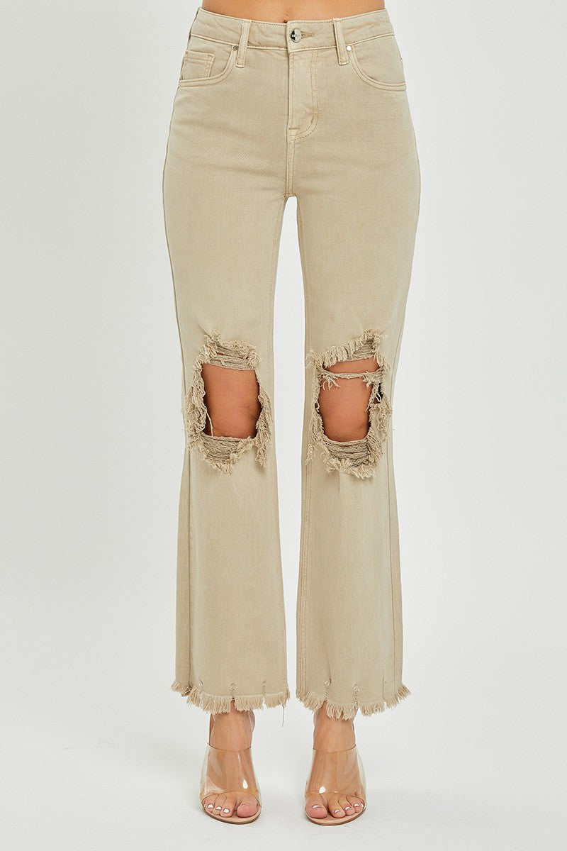 HIGH RISE KNEE DISTRESSED STRAIGHT PANTS