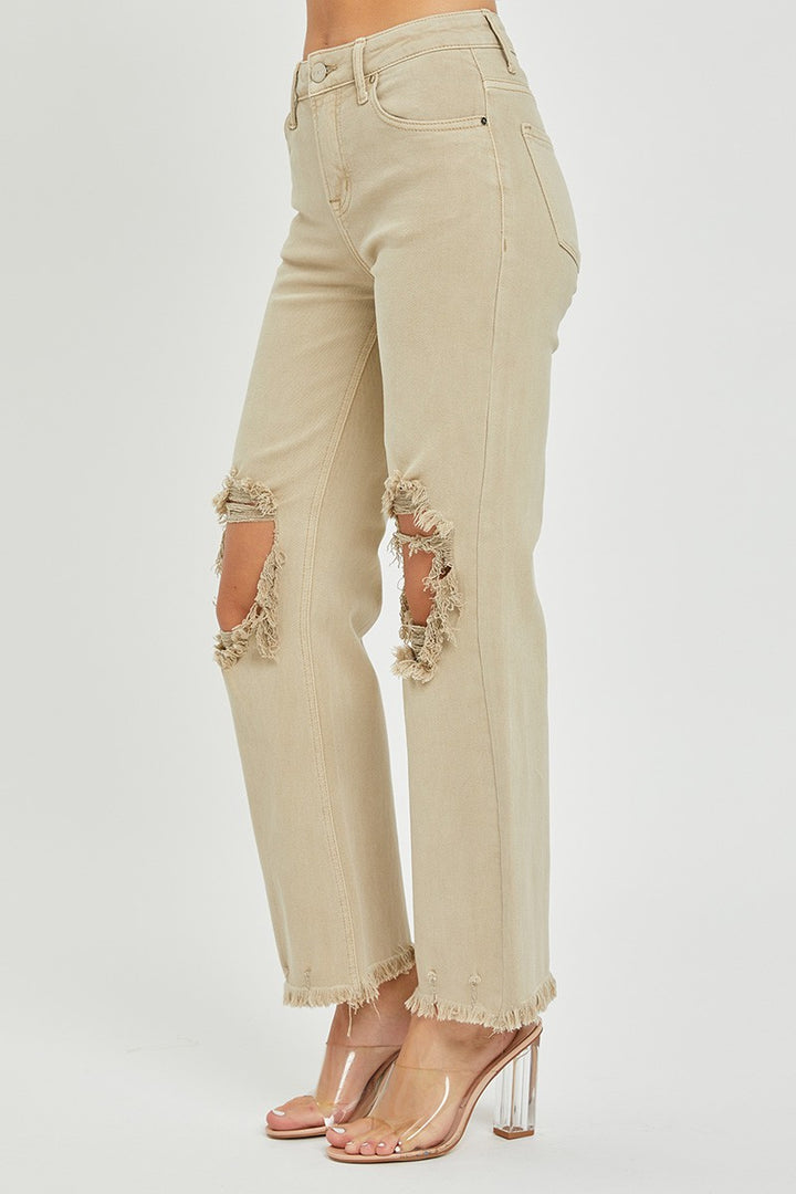 HIGH RISE KNEE DISTRESSED STRAIGHT PANTS