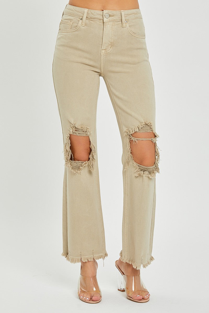 HIGH RISE KNEE DISTRESSED STRAIGHT PANTS