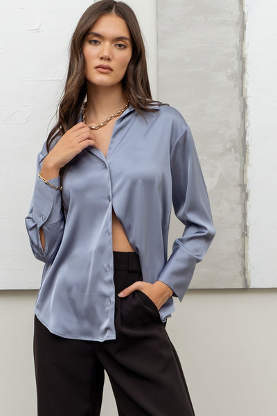 SOLID SATIN BUTTON UP WOVEN TOP
