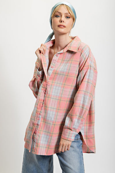PLAID BUTTON DOWN OVERSIZED TOP