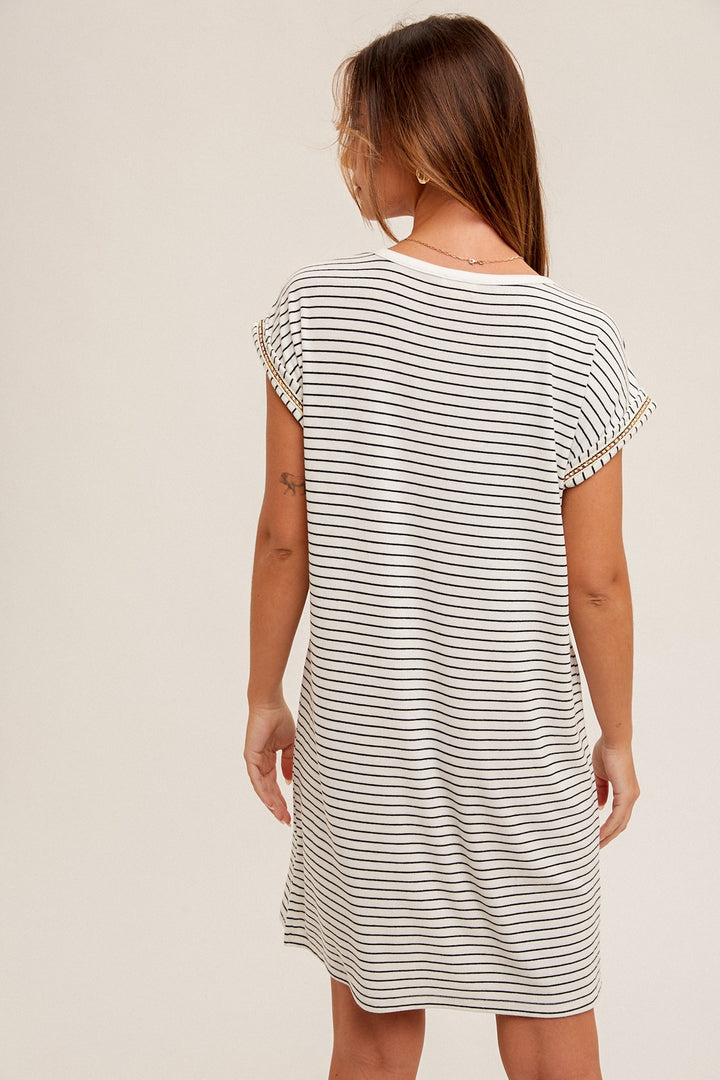 MINI STRIPPED HI-LO HEM DRESS WITH SHORT SLEEVES