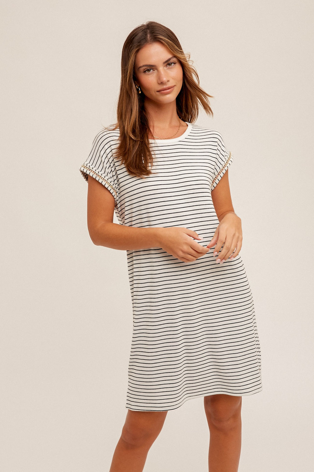 MINI STRIPPED HI-LO HEM DRESS WITH SHORT SLEEVES