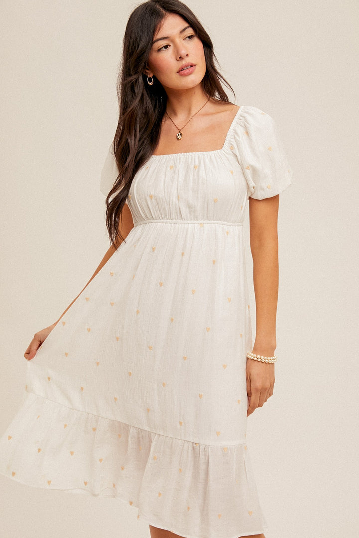 HEART EMBROIDERED TIERED BUBBLE SLEEVE MIDI DRESS