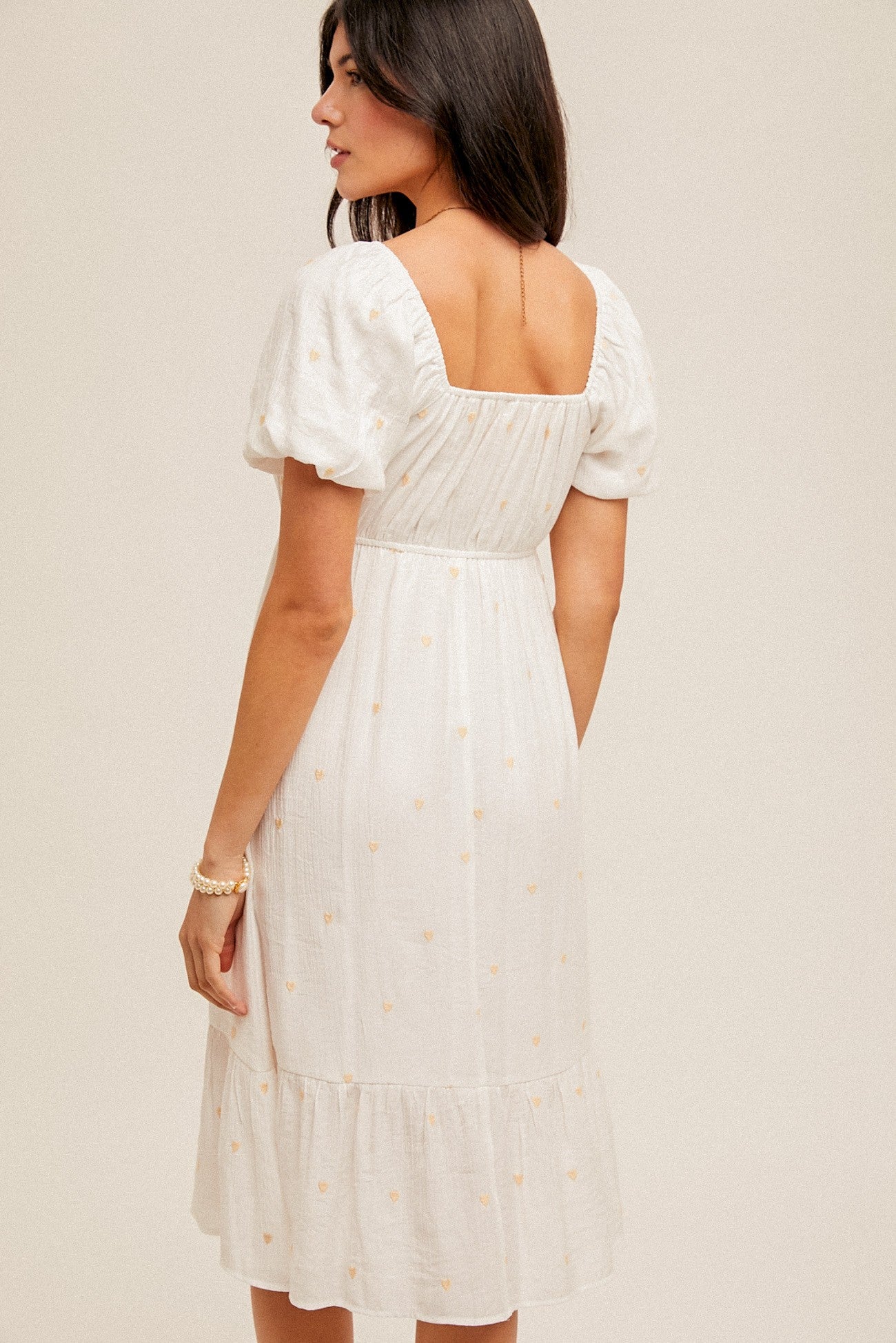 HEART EMBROIDERED TIERED BUBBLE SLEEVE MIDI DRESS