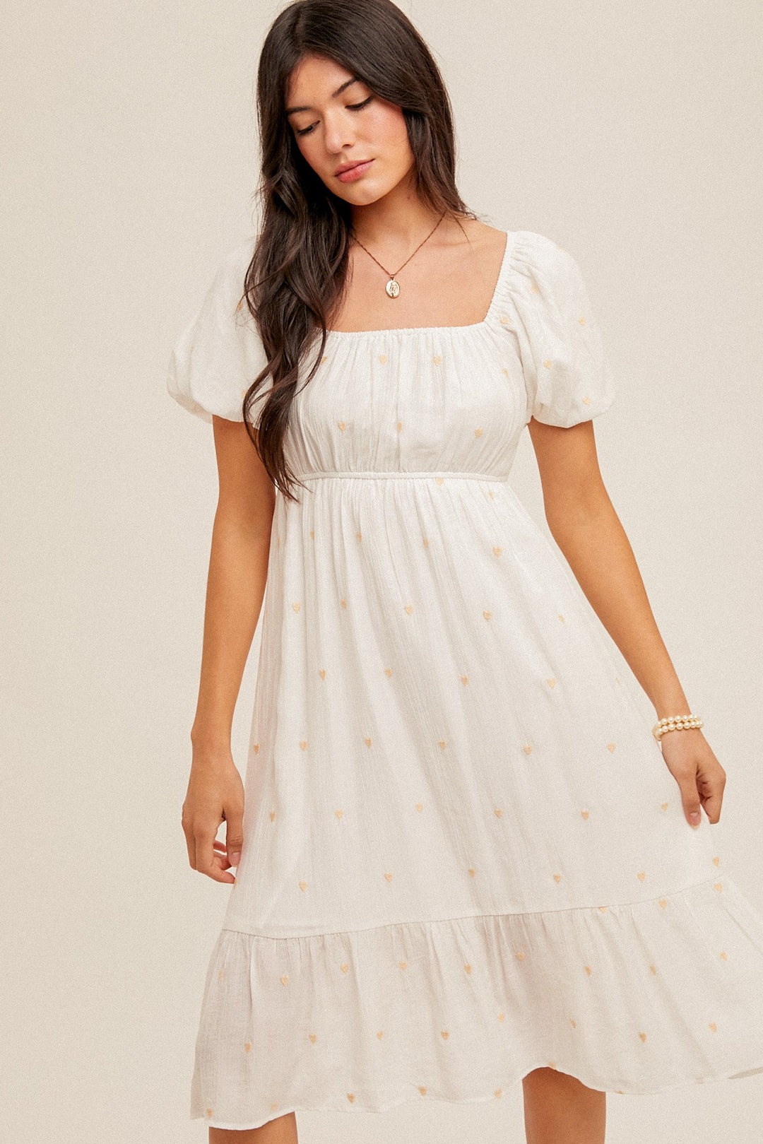 HEART EMBROIDERED TIERED BUBBLE SLEEVE MIDI DRESS