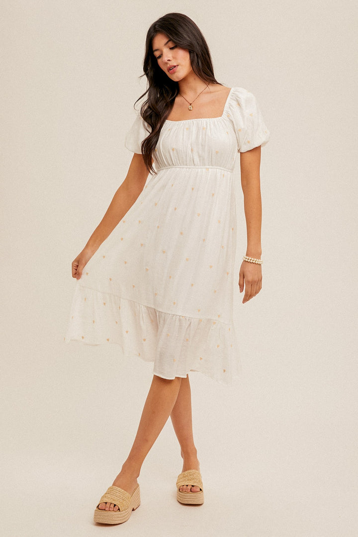 HEART EMBROIDERED TIERED BUBBLE SLEEVE MIDI DRESS