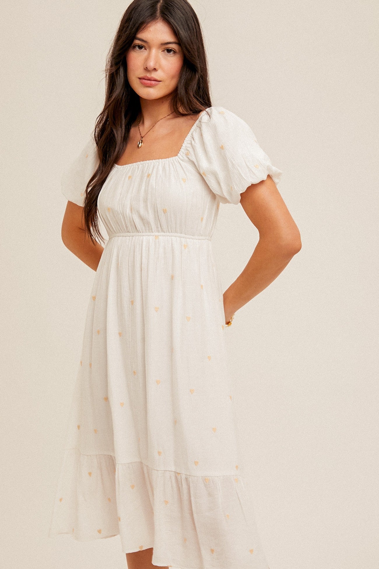 HEART EMBROIDERED TIERED BUBBLE SLEEVE MIDI DRESS