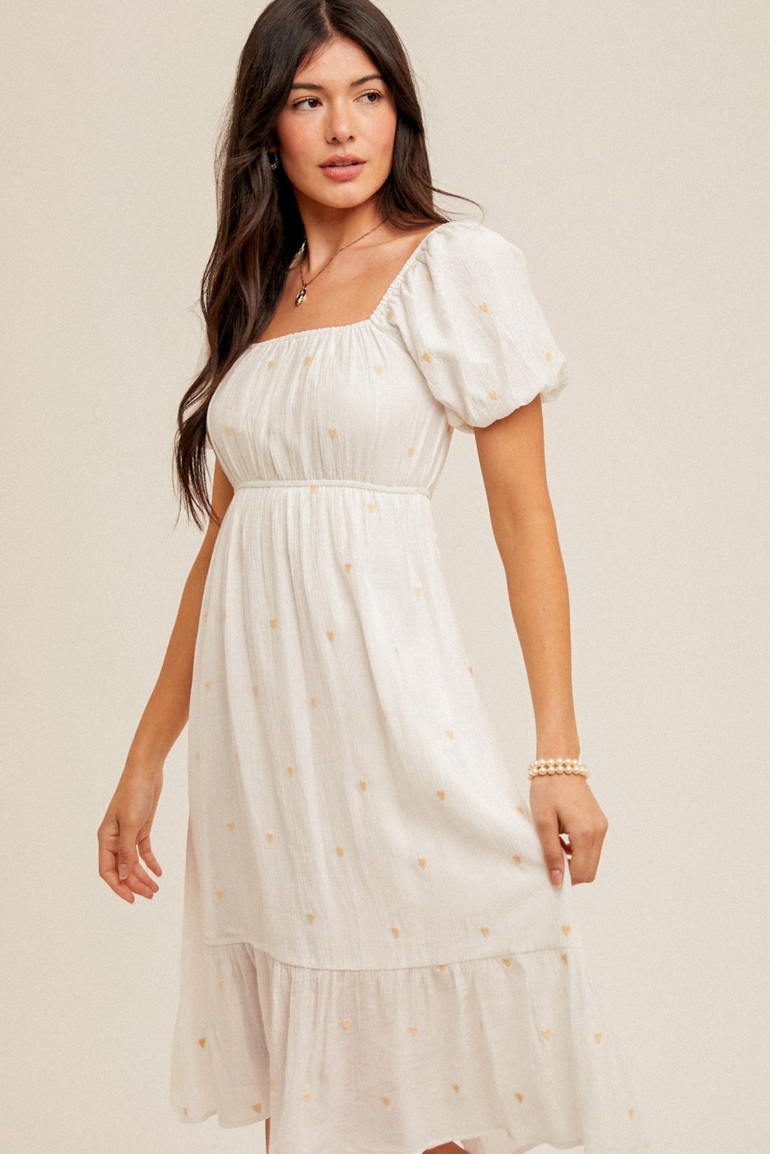 HEART EMBROIDERED TIERED BUBBLE SLEEVE MIDI DRESS