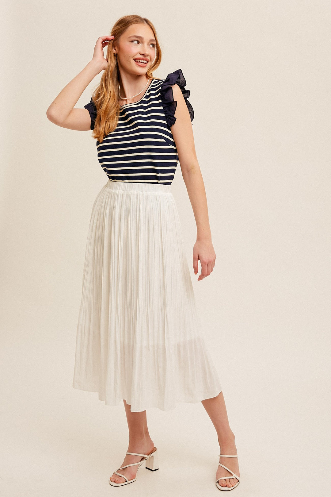 ELASTIC WAIST PLEATED MIDI SKIRT