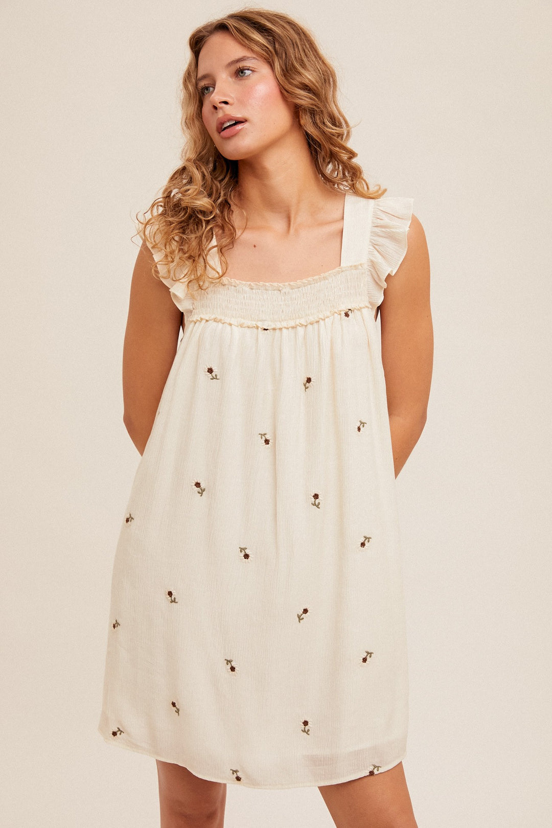 EMBROIDERED SMOCKED RUFFLE MINI DRESS