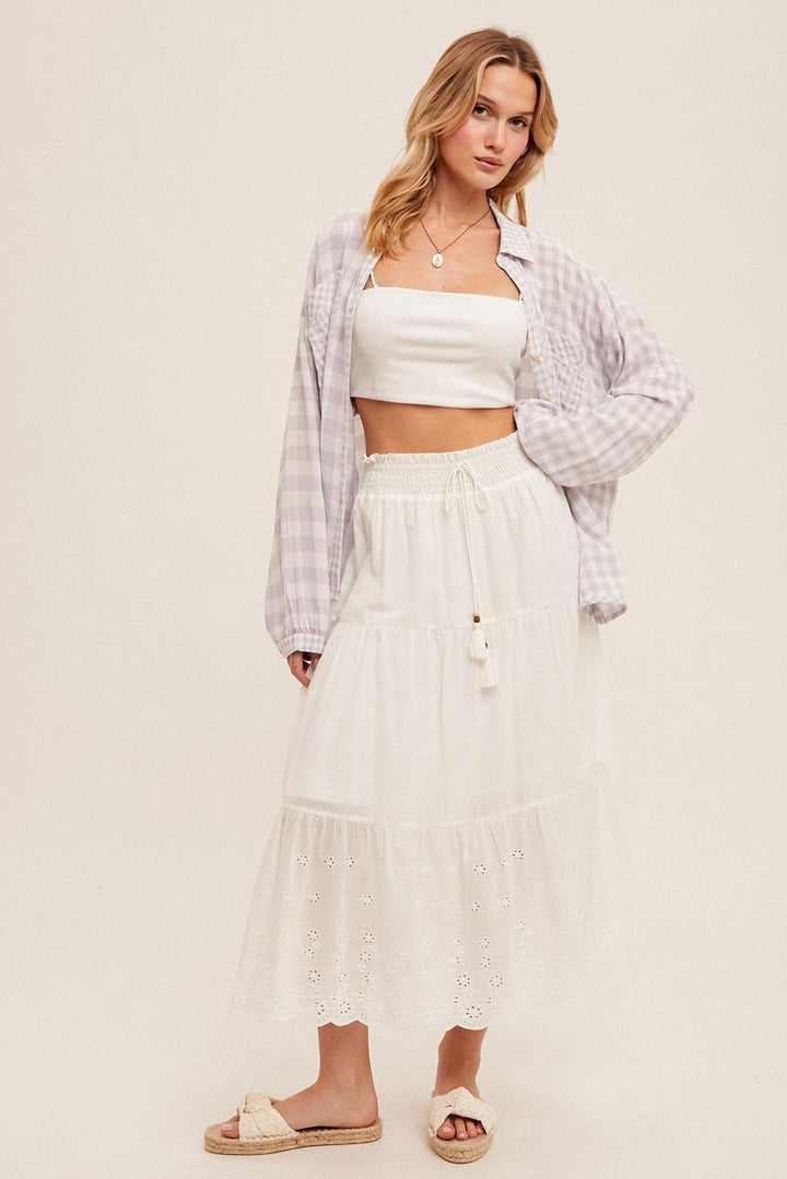 SMOCK WAIST EYELET CONTRAST MIDI SKIRT