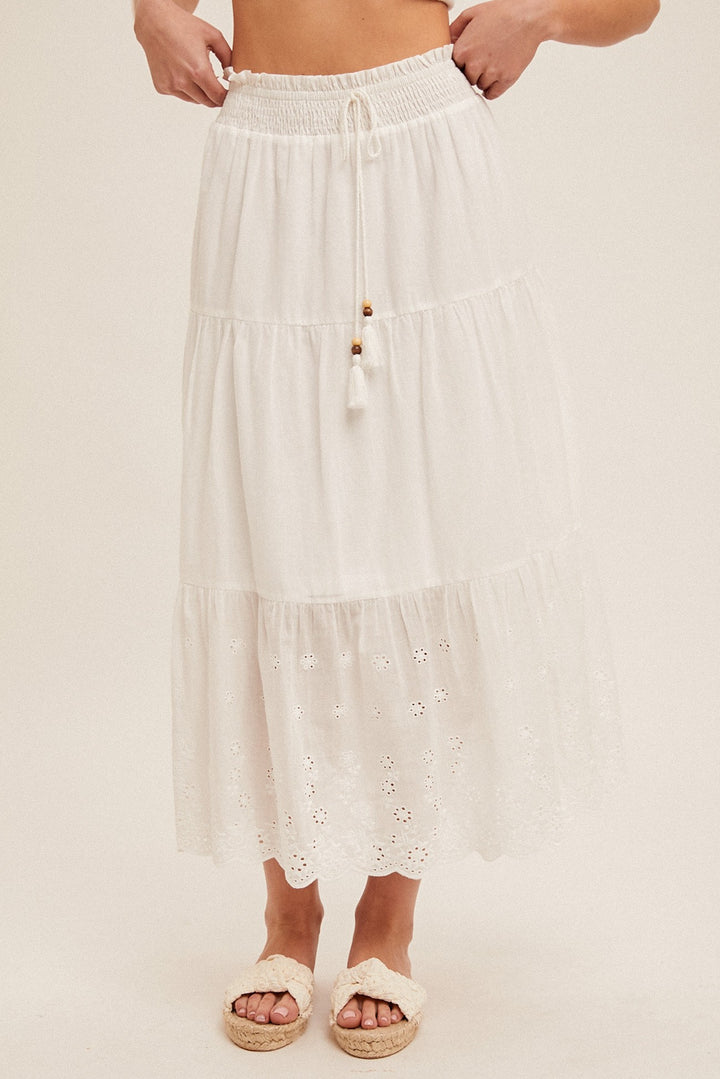 SMOCK WAIST EYELET CONTRAST MIDI SKIRT