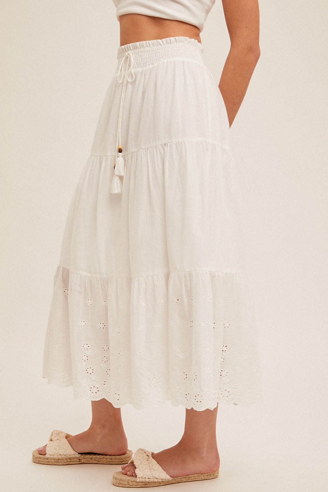 SMOCK WAIST EYELET CONTRAST MIDI SKIRT