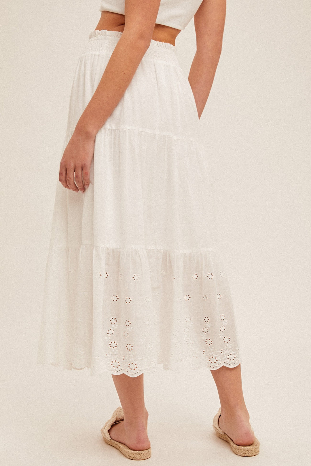 SMOCK WAIST EYELET CONTRAST MIDI SKIRT