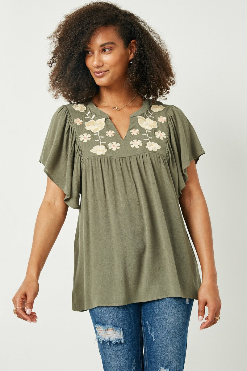 FLORAL EMBROIDERED RUFFLE SLEEVE