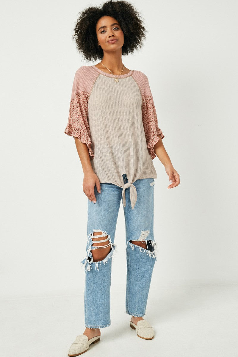 TIE WAIST RUFFLED CONTRAST SLEEVE