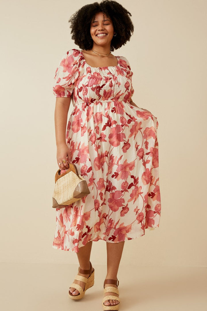 PLUS FLORAL SMOCKED SQUARE NECK DRESS