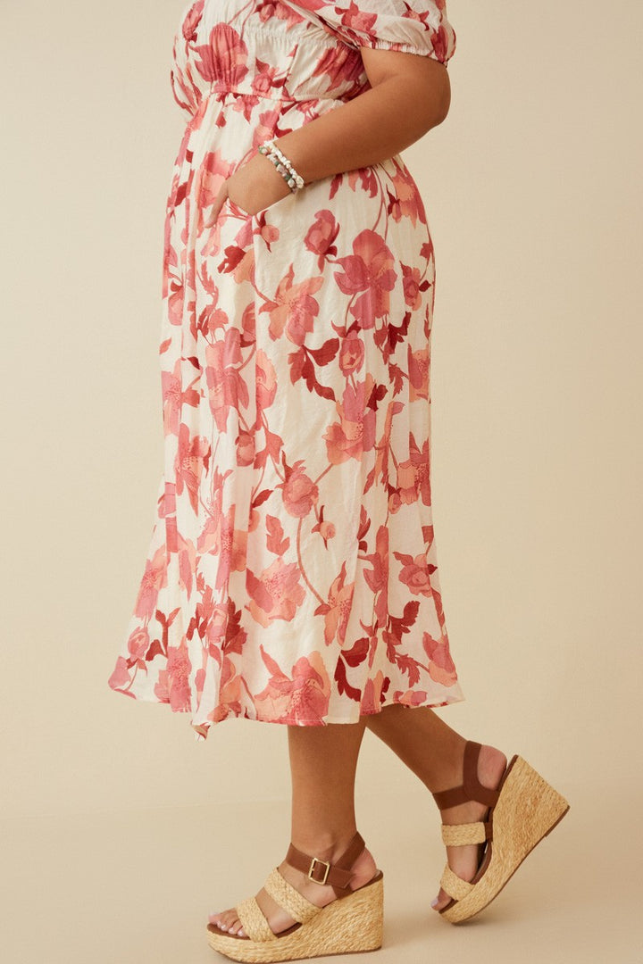 PLUS FLORAL SMOCKED SQUARE NECK DRESS