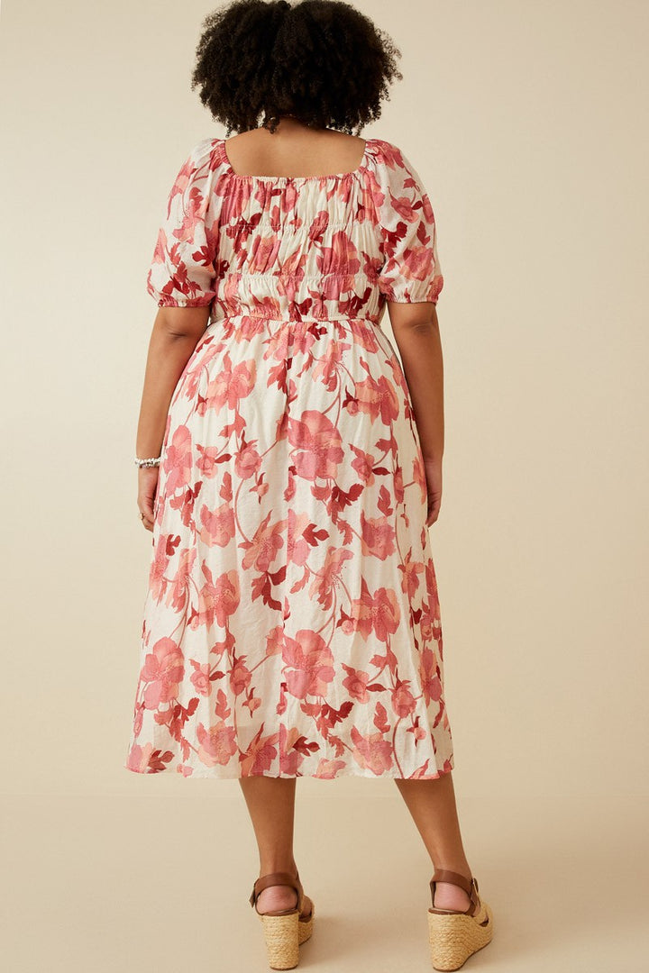 PLUS FLORAL SMOCKED SQUARE NECK DRESS