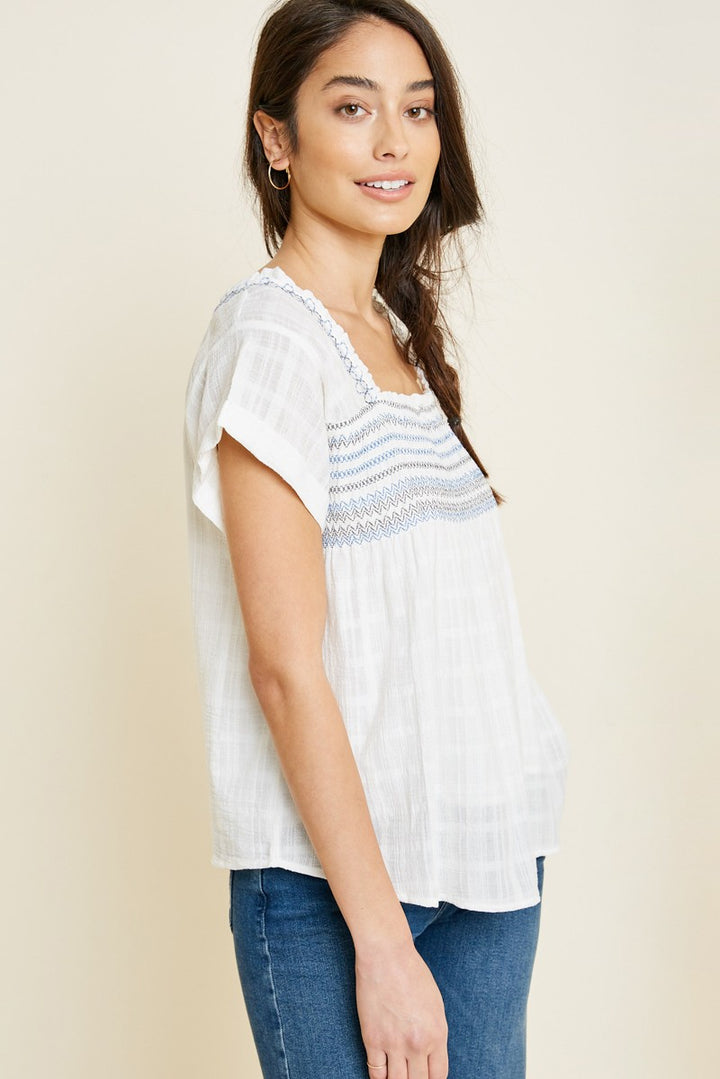 EMBROIDERED SMOCKED TOP