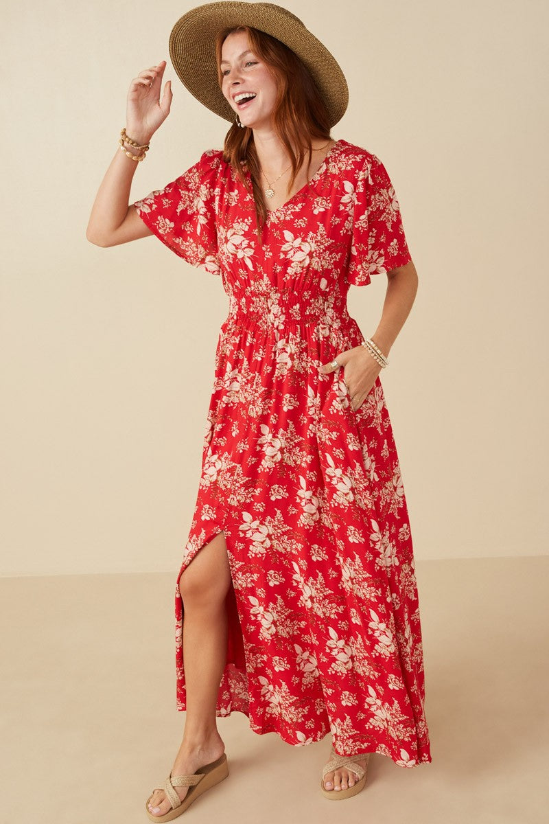 FLORAL SMOCKED WAIST FLUTTER SLEEVE DRESS