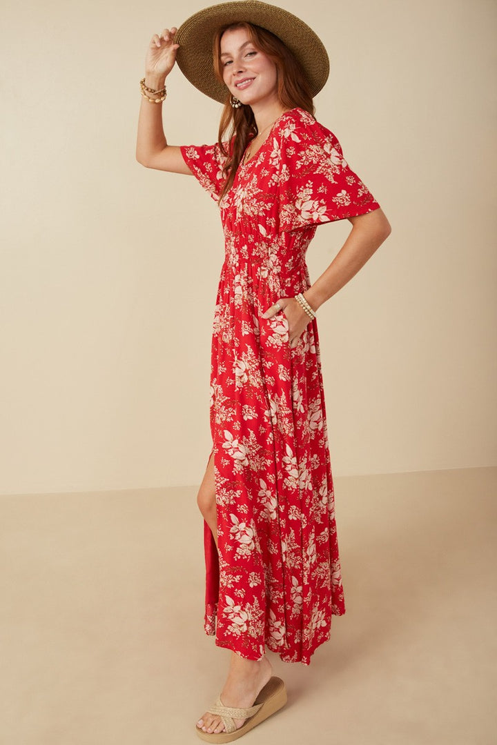 FLORAL SMOCKED WAIST FLUTTER SLEEVE DRESS