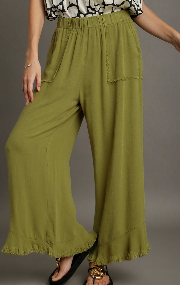 LINEN BLEND ELASTIC WAIST BAND PANT WITH POCKETS